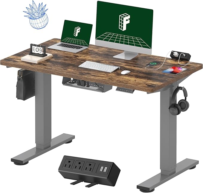 FLEXISPOT EN2 Whole-Piece Standing Desk with Clamp Power Strip, 48 x 24'' Electric Stand Up Height Adjustable Desk with Cable Management (Gray Frame + 48" Rustic Brown Desktop, 2 Packages)