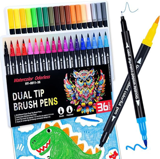 36 Colors Brush & Fine Dual Tip Art Markers Set for Adult Kids Coloring, Dual Tip Colored Pens Markers Quick Drying Without Fading ,Water Based Marker for Calligraphy, Journal ,Doodling,Painting