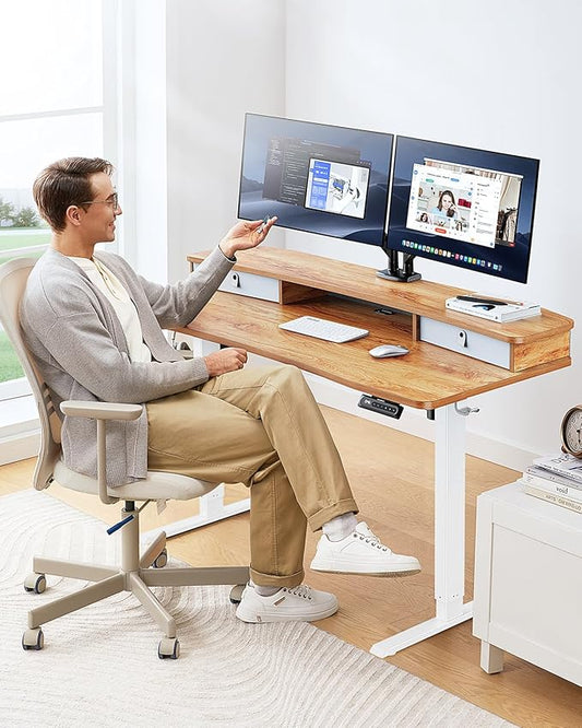 HUANUO 60″ x 30″ Electric Standing Desk with 2 Drawers, C-Clamp Mount Compatible, Height Adjustable Computer Desk, Home Office Stand Up Desk with 4 Preset Heights & 2 Hooks, Light Vintage
