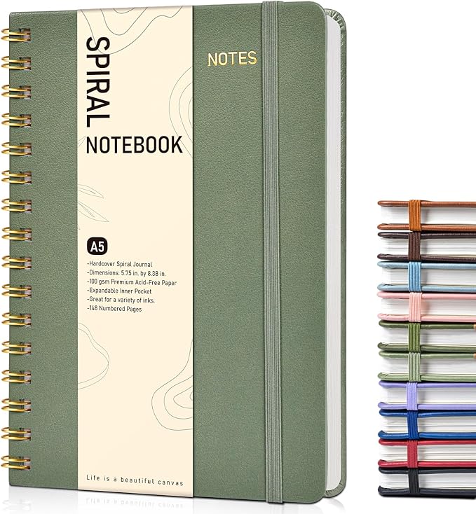 Office Prime Graph Spiral Notebook in Sage Green — A5 hardcover spiral journal with 150 numbered pages