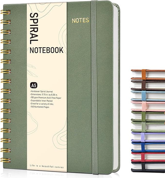 Office Prime Graph Spiral Notebook in Sage Green — A5 hardcover spiral journal with 150 numbered pages