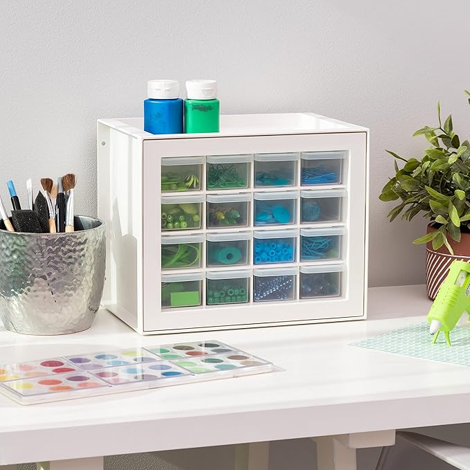 IRIS USA Small Drawer Organizer Storage, 16-Drawer Craft Cabinet for Screws Hardware Art Supplies Small Parts Nuts Bolts Nails Tool Container, Drink Packet and Water Flavor Packet Organizer, White