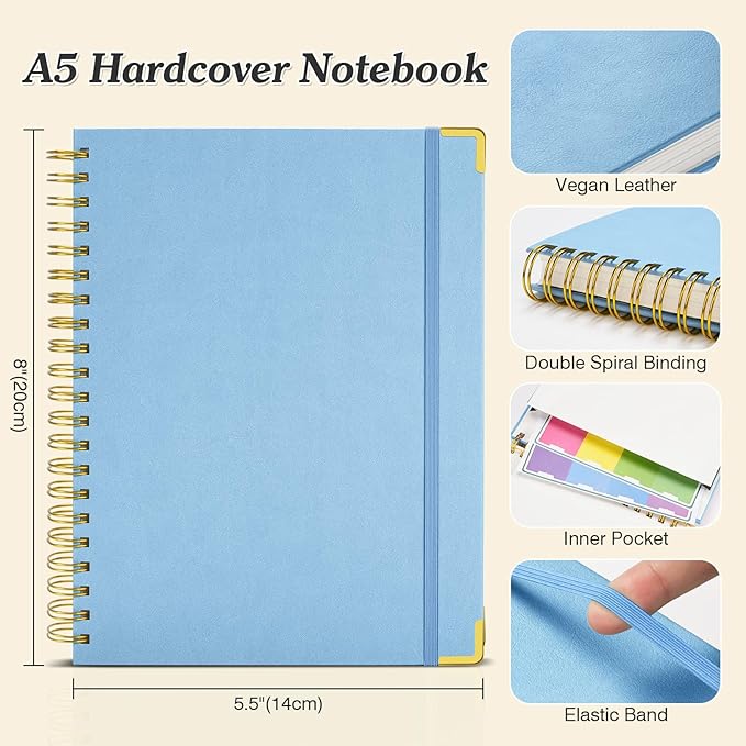 Bullet Dotted Journal Spiral Notebook, 300 Pages Leather Notebooks with Contens, 120 GSM Thick No Bleed Through Paper Journals, A5 Dot Grid Notebook for Women Men Work Writing, 5.5" x 8", Light Blue