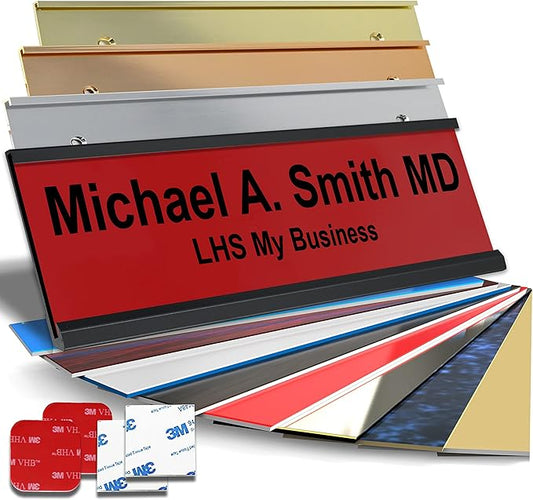 Personalized Name Plate with Choice of Mounting Holders for Walls, Doors, Cubicles, Hanging and More - Custom Red Plastic Black Letters - USA Made 2x12 - B14