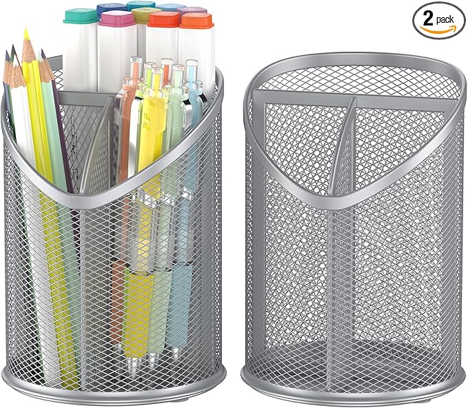 Delifox Mesh Round Pen & Pencil Holder — 2 Pack, Silver