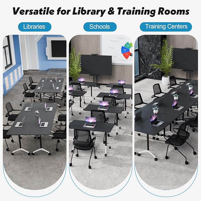 Goakwwuz Conference Room Table, Folding Conference Tables,Thicken Grey Tabletop,Flip Top Wooden Seminar Meeting Room Table for Conference Room Offices (2, Black, 47.2“)