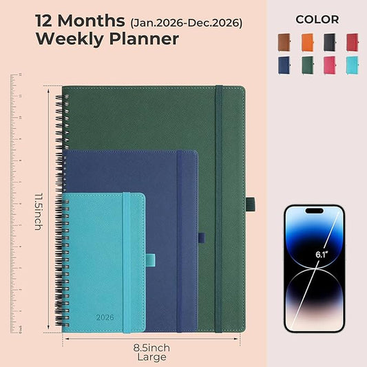 IN-LUXPRO Planner 2026 Daily Weekly and Monthly,11.5"x8.5",12 Months Spiral Bound Calendar Agenda with Self-adhesive Pen Holder,2026 Appointment Book with Vegan Leather Soft Cover,Green