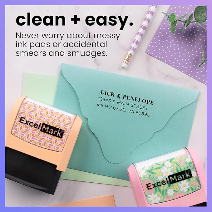 ExcelMark Address Stamp - Custom Return Address Stamp with Elegant Designs, Vibrant Colors & Patterns – Perfect for Mail, Invitations & Gifts (Pink Mount, The Statement)