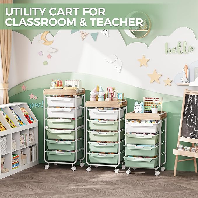 Rolling Storage Utility Cart With 6 Drawers,Art Supply Craft Organizer,Sewing Makeup Organizer And Storage,Office Organization Wooden Tabletop,Green