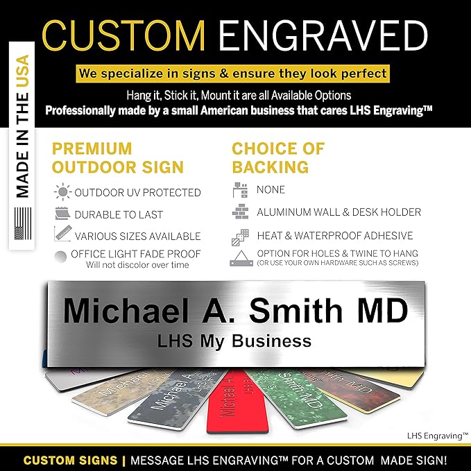 Door Name Plate Personalized for Office Brushed Steel Plastic Name Plate Black Letters - Made in USA 2x4 M1