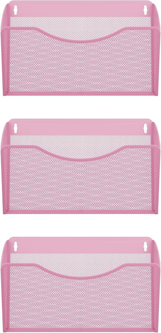 EasyPAG Single Pocket Wall File Organizer, Mesh Hanging File Folder Organizer for Letter/A4 Size Folders, Wall Mounted Vertical Mail Holder for Paperwork, Office, Home, School, Pink