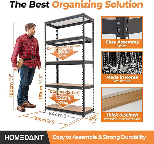 HOMEDANT 35.9" W 5 Tier Heavy Duty Garage Shelving Adjustable Metal Rack Storage Shelves Standing Shelf Unit Organizers Pantry Closet Black 1Pack