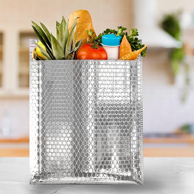 Amiff Silver Thermal Bubble Mailer, 10 x 10.5 Inches. 100 Pack Metallic Bubble Mailers. Self-Seal Insulated Mailers for Cold Shipping. Padded Envelopes Waterproof. Thermal Bag for Food, Cosmetics