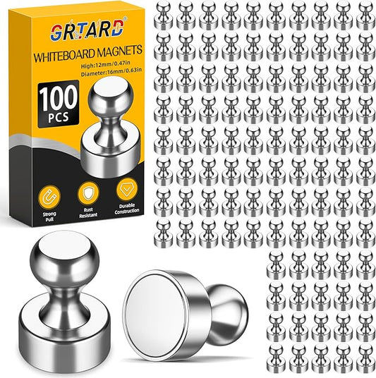 Grtard 100 Pack Magnetic Push Pins, Fridge Magnets for Whiteboard, Whiteboard Magnets Refrigerator Magnets, Small and Strong Push Pin Magnet for Office, School, Locker, and Map Magnet (Silver)