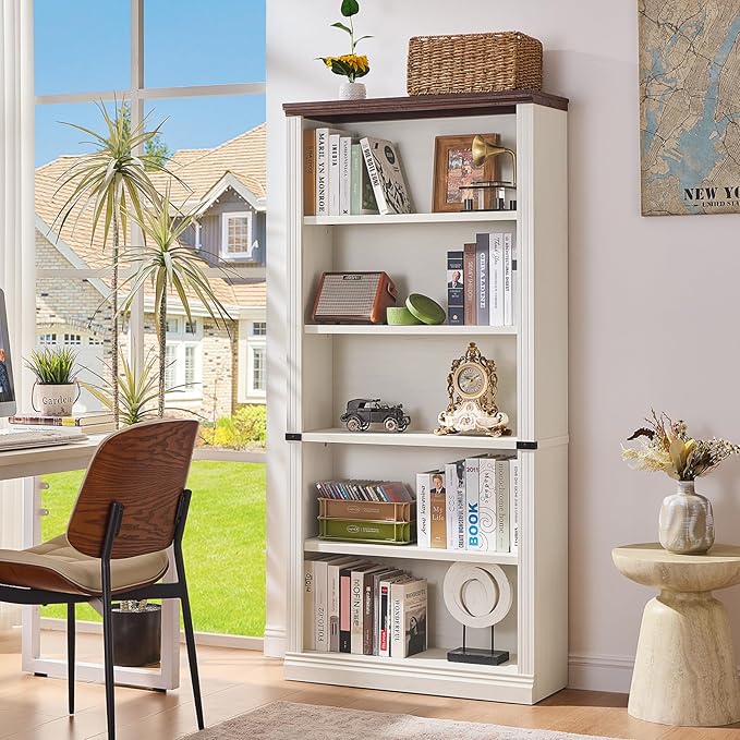 RWYHG 70" White Tall Bookshelf Set of 2,5-Tier Thick Wooden Book Shelf with Adjustable Shelves,Free Standing Farmhouse Bookcase with Open Display Storage,Floor Vintage Bookshelves for Living Room