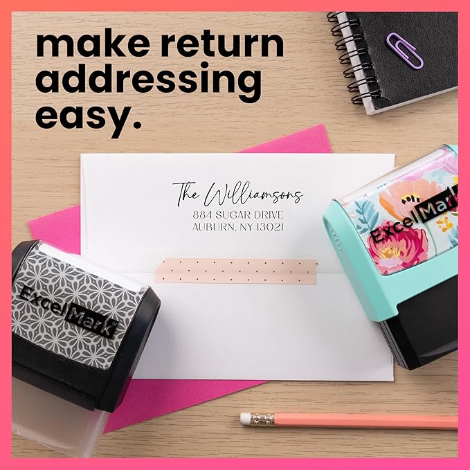 ExcelMark Address Stamp - Custom Return Address Stamp with Elegant Designs, Vibrant Colors & Patterns – Perfect for Mail, Invitations & Gifts (Pink Mount, Santa Catalina)