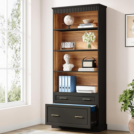 Tribesigns Way to Origin 2-Drawer Vertical File Cabinet for Letter Size, Moder Filing Cabinet with 5-Tier Bookshelf, Large Printer Stand with Open Storage Shelves for Home Office (Black)