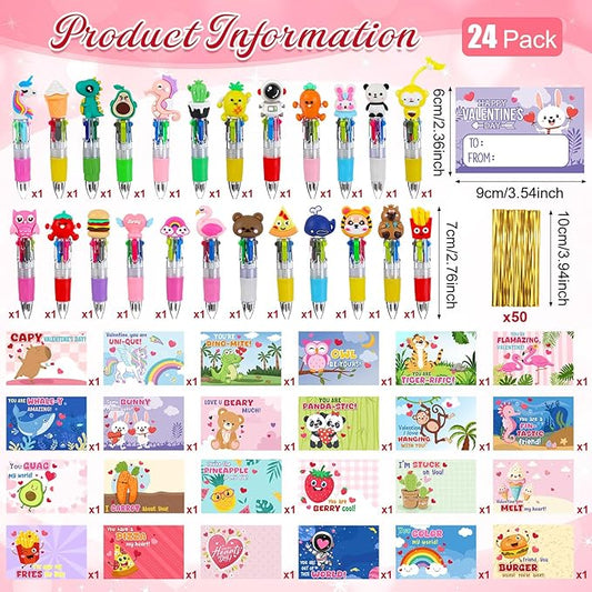 Pajean 24 Sets Valentine's Day Gifts for Classroom Exchange Cute 4-in-1 Multicolor Ballpoint Pens with Cards Valentines Party Favors School Students Prizes Bag Fillers Sweet Stationery Supplies
