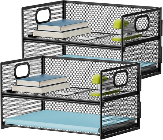 Marbrasse 2 Tier Paper Organizer Letter Tray, Mesh File Organizer with Handle, Paper Sorter Desk Organizer for Home Office Supplies - 2P