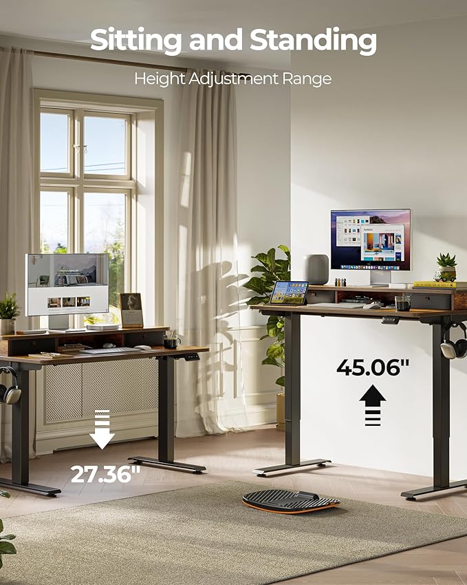FEZIBO 55'' x 24'' Height Adjustable Electric Standing Desk with Double Drawer, Computer Workstation, Home Office Stand Up Table with 4 Height-Adjustable Feets & 2 Hooks, Vintage Brown