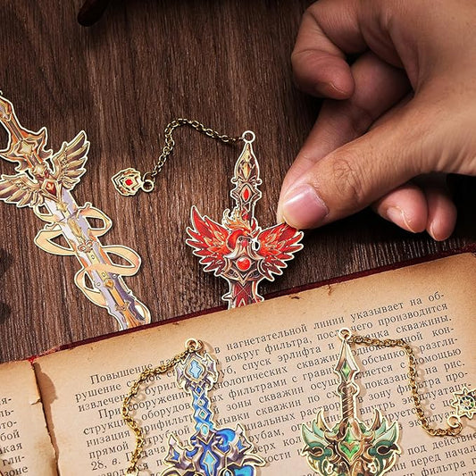 Fantasy Sword Bookmarks 4pcs - Medieval Knight Warrior Metal Book Marks for Readers, Gifts for Book Lovers, Cool Literary Page Holders for Reading Accessories, Men Women Teens, Christmas Birthday