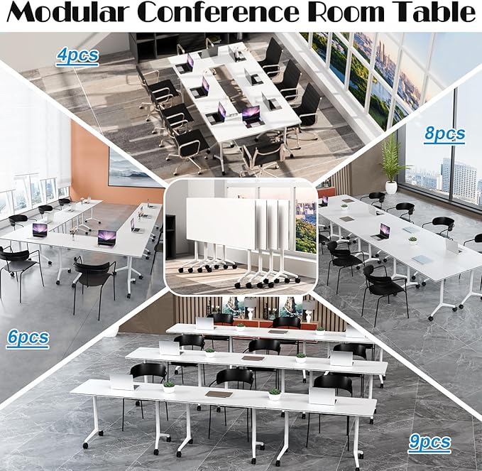Conference Table Flip Top Mobile Conference Room Tables,Folding Conference Table with Wheels,Large Meeting Training Seminar Table Saving Space for Office Classroom (4, White, 61'')