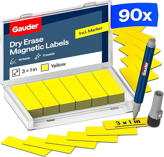GAUDER Magnetic Dry Erase Labels | 90x Magnetic Labels (3 Inches x 1 Inch) | Dry Erase Magnets for Classroom, Whiteboard and Blackboard