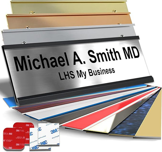 Custom Name Plate with Choice of Mounting for Walls, Doors, Desk Holders, Cubicles, Hanging and More - Personalized Brushed Silver Plastic Black Letters - USA Made 2x8 - M1