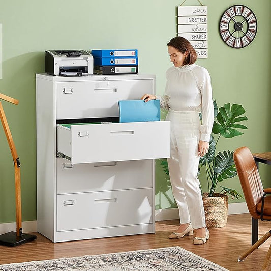 Letaya 4 Drawer File Cabinet with Lock, Metal Lateral Filing Cabinet Wide Office Organization Storage for Home Office Hanging Letter/Legal/F4/A4 (White-Requires Installation)