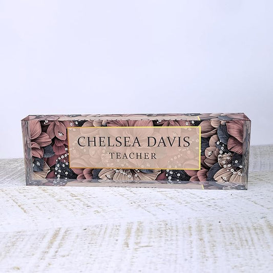 Floral Acrylic Name Block for Desk, Womens Personalized Desk Name Plate, Nameplate for Colleague, Office Desk Sign, Flower Desk Plaque