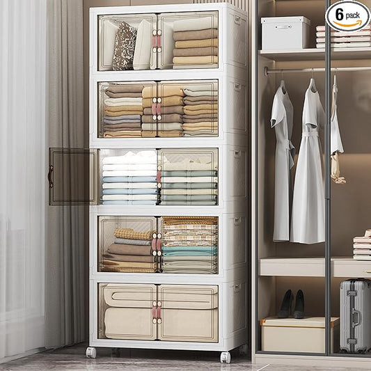 UAMFURI Extra Large Stackable Storage Bins with Lids & Wheels & Door, 560QT-112QT/28GAL*5Pack Foldable Collapsible Closet Organizers, Plastic containers drawers for bedroom Dorm