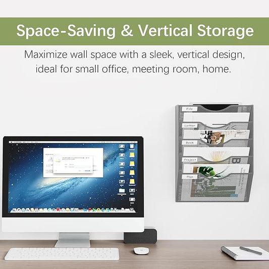 EasyPAG 5 Pocket Mesh Wall File Organizer, Hanging Paper Folder Holder with Classify Label, Vertical Wall Mount Mail Organizer for Office Home Classroom, Silver