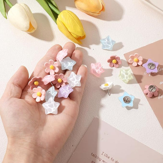 Sibba Thumb Tacks 30 PCS Colorful Cute Push Pins for Bulletin Board Star-Shaped Thumbtacks Decorative Flower Thumbtacks for Office Home and School Cork Board Cubicle Wall Accessories (Rainbow Colors)