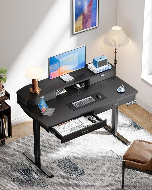 HUANUO 48 x 30 inch Electric Standing Desk with Wood Drawers, Adjustable Height Sit Stand Home Office Desk with Two Tiers, Ergonomic Adjustable Stand up Desk C-Clamp Monitor Mount Compatible, Black