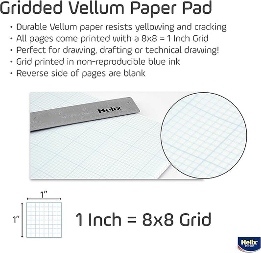 Helix - 100% Rag Vellum Paper Pad - 1 Inch Equals 8x8 Grid - 11 Inch x 17 Inch - 50 Sheet Pad - Acid-Free - Drafting, Art, Sketching and Tracing