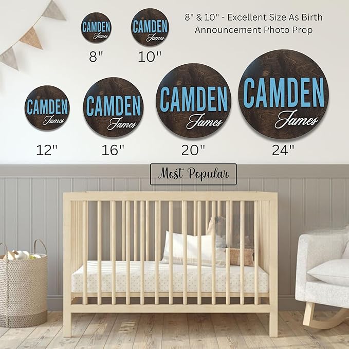 Custom Round Nusery Name Sign, Personalized 3D Baby Name Announcement Sign, Personalized Wooden Wall Plaque, 3D Wall Art for Children & Kids Rooms, Family Name Signs, 30 Colors (Design 12)