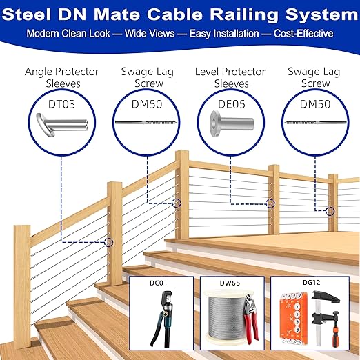 Steel DN Mate 100 Pack Stainless Steel Protector Sleeves for 1/8" 5/32" or 3/16" Cable Railing, Cable Protector Sleeves for Cable Railing System,T316 Cable Railing Hardware with a Drill Bit, DE100