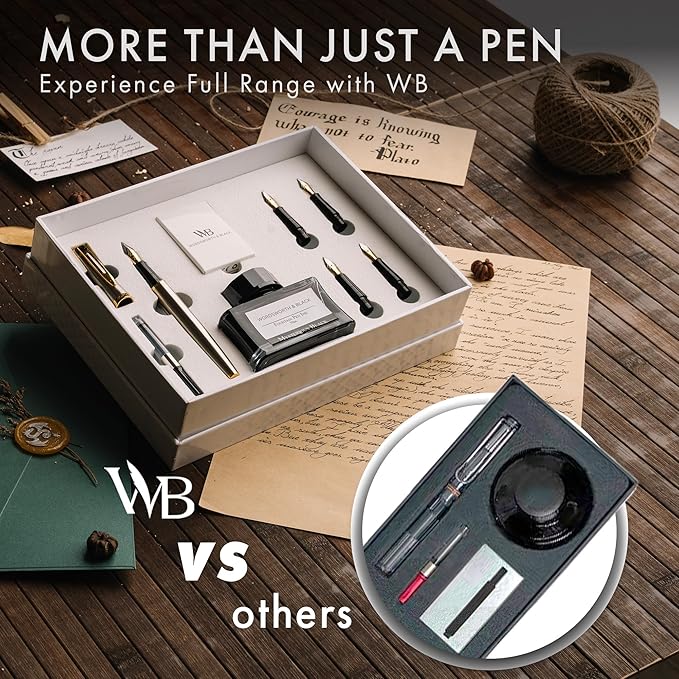 Wordsworth & Black Fountain Pen Gift Set, Includes Ink Bottle, 6 Ink Cartridges & A Refill Converter, 4 Replacement Nibs, Premium Package, Journaling, Calligraphy, Smooth Writing Pens [Silver Chrome]