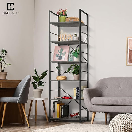CAPHAUS 6 Tier Bookshelf, 24 Inch Width Free Standing Shelf, Bookcase Shelf Storage Organizer, Industrial Book Shelves for Home Office, Living Room, Kitchen, Dark Grey Vintage Shelves & Metal Frame