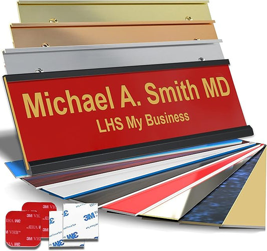Personalized Name Plate with Choice of Mounting Holders for Walls, Doors, Cubicles, Hanging and More - Custom Red Plastic Gold Letters - USA Made 2x6 B17