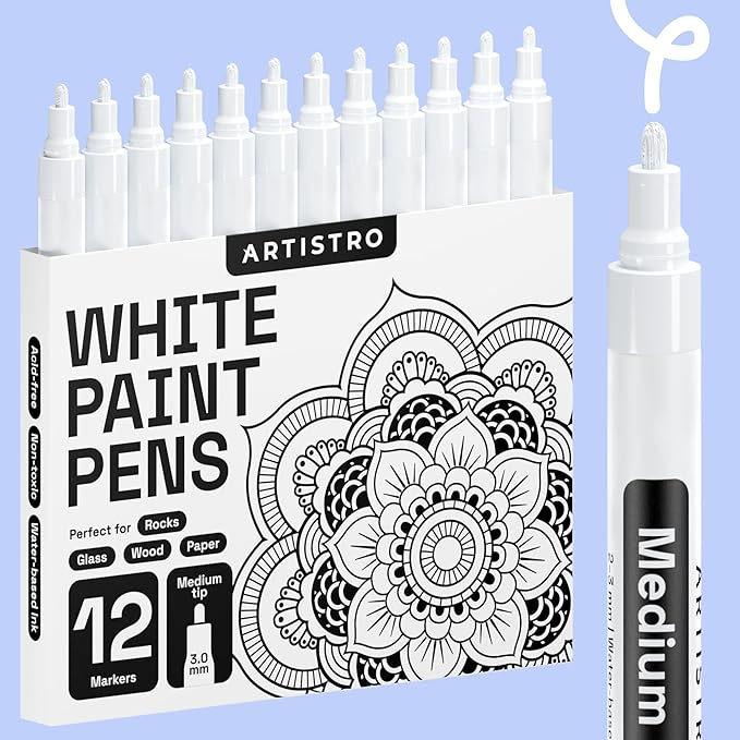 ARTISTRO 12 White Paint Pens for Glass Marking, Rock Painting, Ceramic, Wood, Fabric, Scrapbooking, DIY Craft Making, Coloring - Acrylic Paint Markers Medium Tip 3mm
