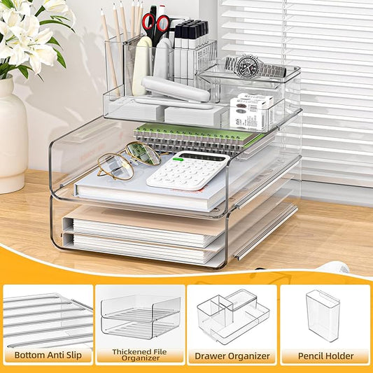 YKLSLH Paper Organizer Letter Tray - Acrylic Stackable Desk File Organizer with 5-Gird Tray and Pencil Holder, Clear Paper Sorter Office Organizer for Letter/A4, Office File Ipad Books Notes Etc