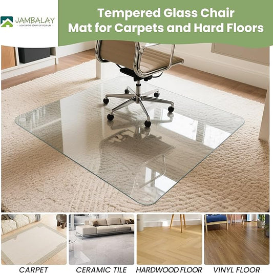 JAMBALAY 46″×36″ Tempered Glass Floor Mat, Heavy Duty Glass Office Chair Mat for Carpets or Hard Floors, Carpet Floor Mats with 12 Non Slip Pads for Easy Roll On, Thick 1/5″