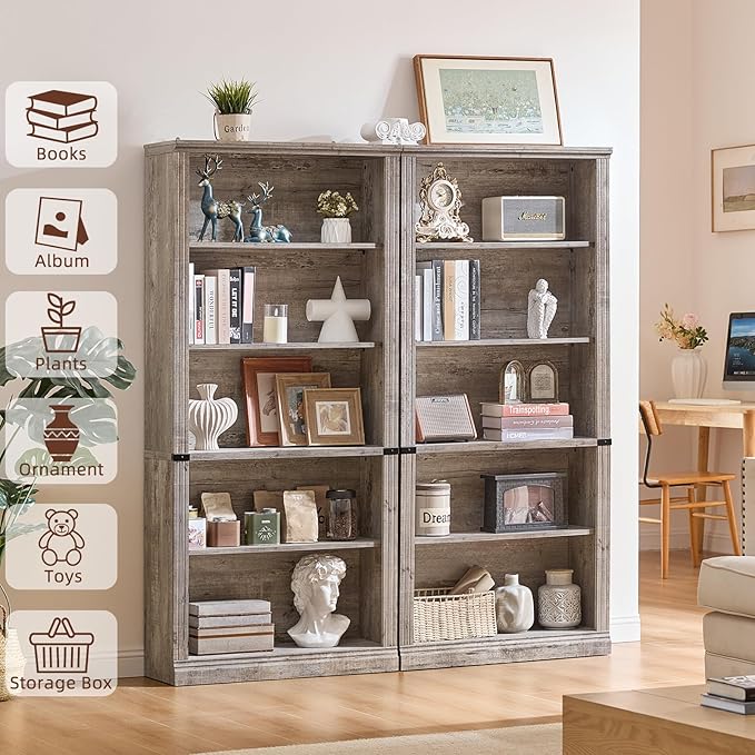 RWYHG 70" Grey Tall Bookshelf Set of 3,5-Tier Thick Wooden Book Shelf with Adjustable Shelves,Free Standing Farmhouse Bookcase with Open Display Storage,Floor Vintage Bookshelves for Living Room