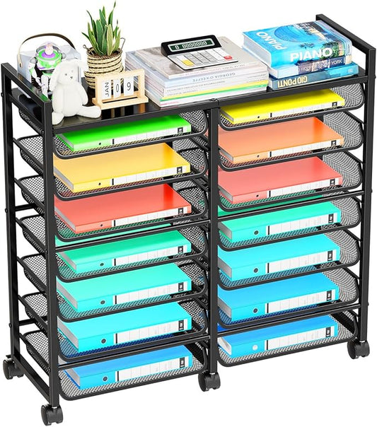Simple Trending Rolling File Storage Cart, 15-Tier Metal Desk File Organizer with 14 Mesh Sliding Trays, Multi-Functional Clutter Cart for Office Home School, Black