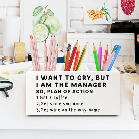 XPH Funny Pen Office Pencil Holder Organizer for Desk, Manager Gifts for Women Men, Funny Coworker Gifts Wooden Box Sign for Home Office Desk Tabletop Decorations