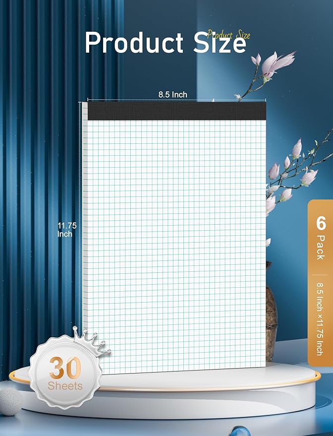 Zaviko Graph Paper Pads 8.5 x 11, 6 Pack, 4x4 Blue Quad Grid Paper Pad, White Quadrille Pad 8-1/2" x 11", Easy Tears Off, Grid Notebook 8.5 x 11, White 70 GSM Graft Paper, 30 Sheets/Pad