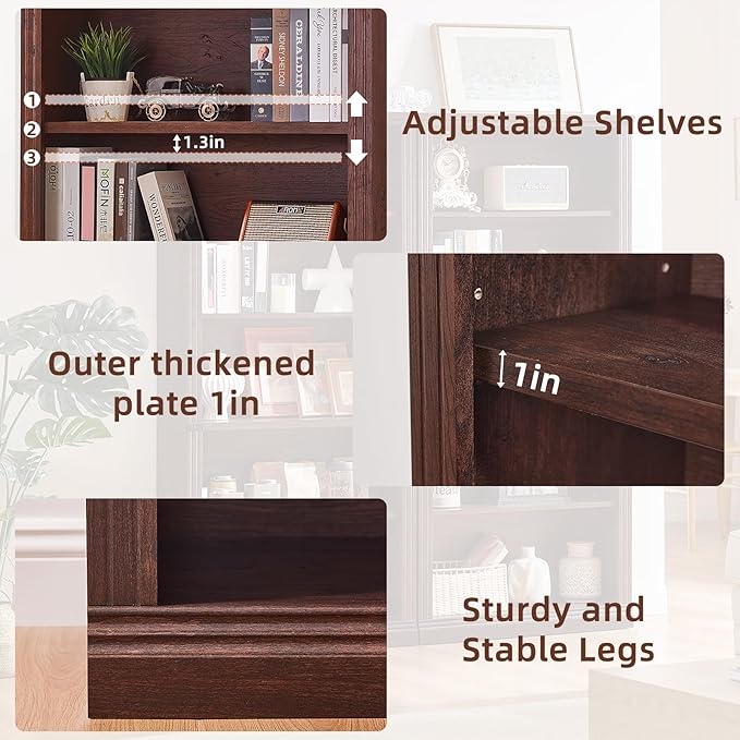 RWYHG 70" Walnut Tall Bookshelf,5-Tier Thick Wooden Book Shelf with Adjustable Shelves,Free Standing Farmhouse Bookcase with Open Display Storage,Floor Vintage Bookshelves for Living Room,Office