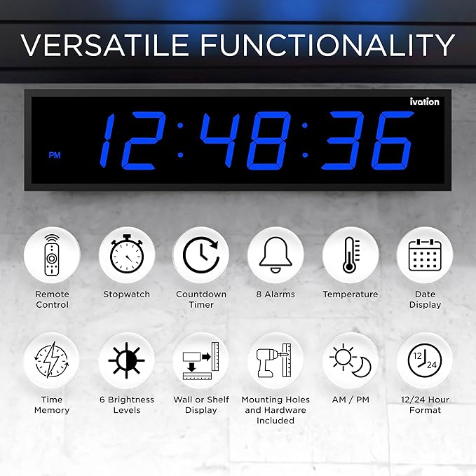 Ivation Huge Oversized 60" Large Digital LED Clock | Big Digital Clock w/Multi-Function Display – Stopwatch, Timer, Alarms, Temp & Date | 6 Brightness Levels, Time Memory & Remote (Blue)