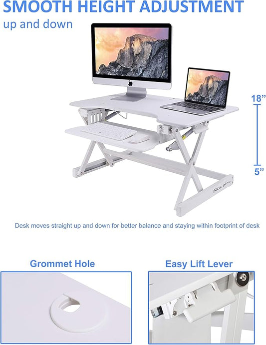 Rocelco 32" Height Adjustable Standing Desk Converter BUNDLE - Sit Stand Computer Workstation Riser with Anti Fatigue Mat - Dual Monitor Retractable Keyboard Tray Gas Spring - Black (R EADRW-MAFM)